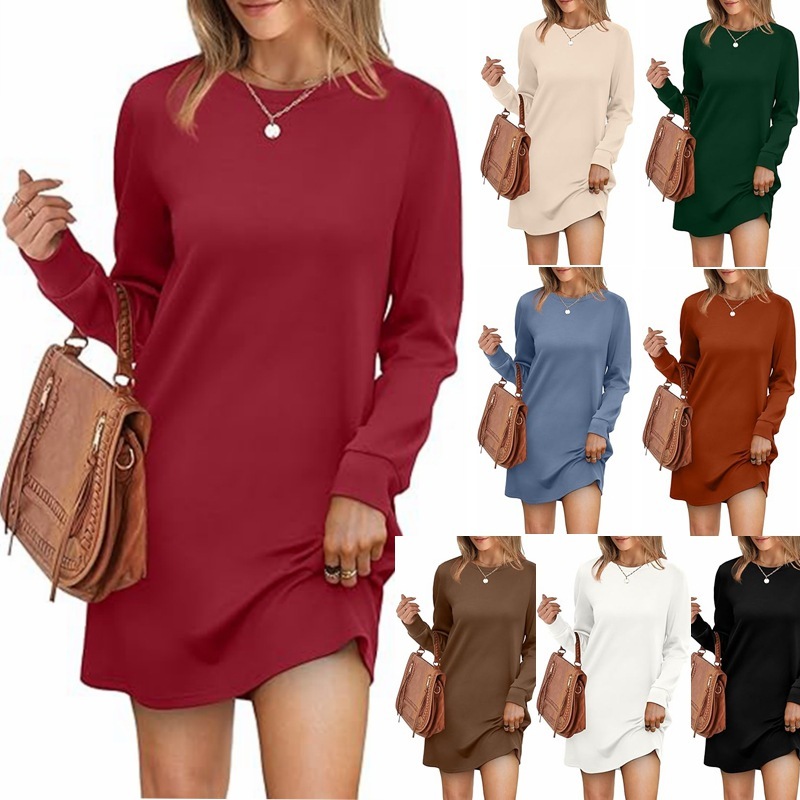 2025 ヨーロッパとアメリカの貿易クロスボーダー婦人服アマゾン爆発ラウンドネックバックプリーツポケット長袖スウェットシャツドレス|undefined
