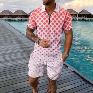2024 Cross-border Summer New Men's Short-sleeved Zipper Printed Polo Shirt Shorts Casual Sports Two-piece Suit