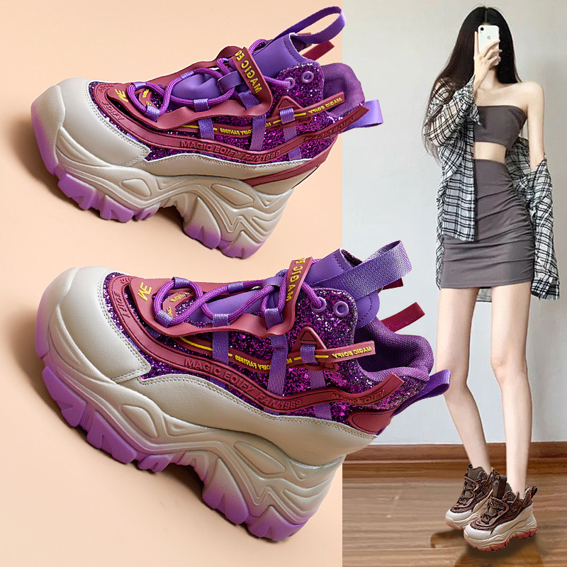 Women's 2026 Spring Versatile Dad Shoes with Hidden Height Increase, Special Sequins, Slimming, Fashionable Casual Thick-Soled Shoes for Petite Women Women's 2026 Spring Versatile Dad Shoes with Hidden Height Increase, Special Sequins, Slimming, Fashionable Casual Thick-Soled Shoes for Petite Women