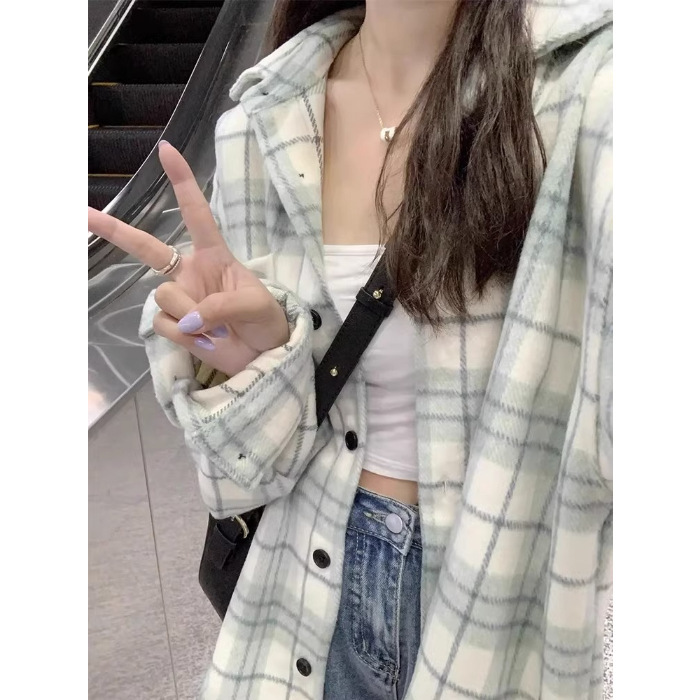 厚款毛尼料蓝色格子衬衫女装2025秋季新款港风chic长袖外套上衣女|undefined