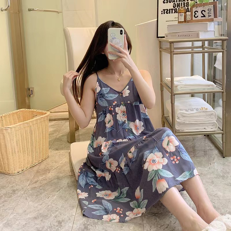 Correa de verano camisón de las mujeres sexy delgada pijamas de seda de algodón artificial desgaste del hogar coreano dulce niña vestido de seda de algodón