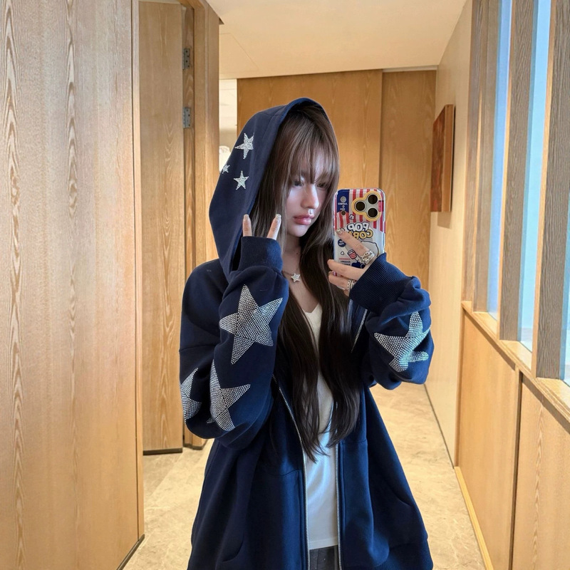 [In-stock from our own factory] American-style hooded sweatshirt, early autumn niche retro star rhinestone zipper jacket for women