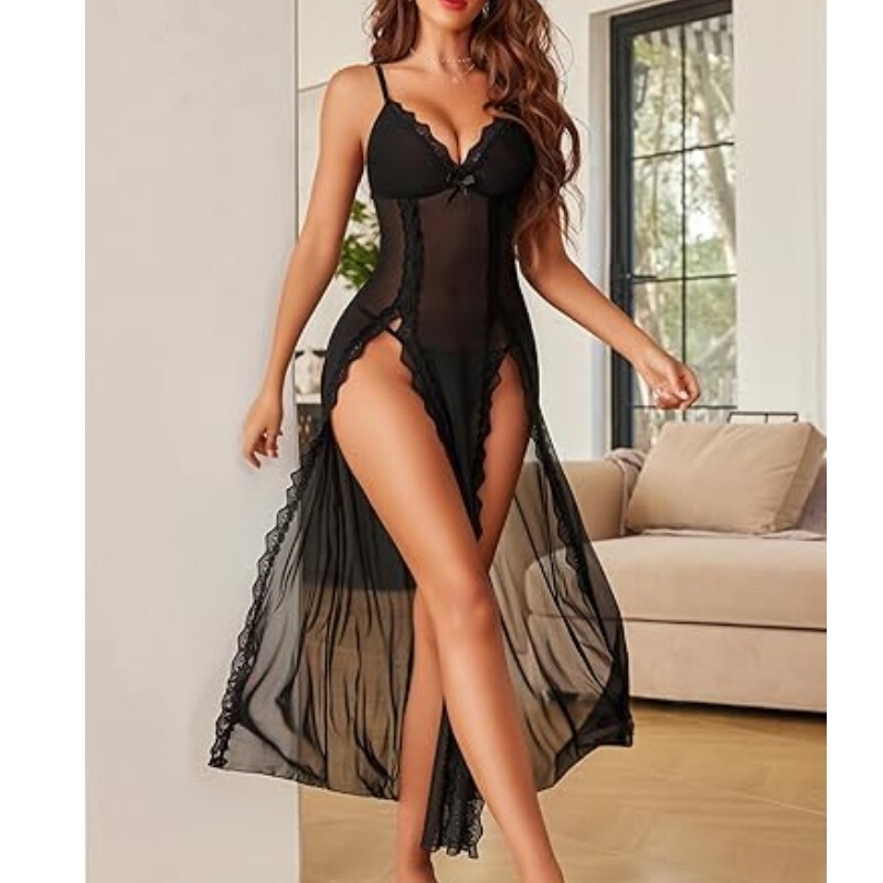 Cross-Border Foreign Trade Sexy Lingerie Long Sheer See-Through European and American Sexy High-Slit Lace Sexy See-Through Long Dress Cross-Border Foreign Trade Sexy Lingerie Long Sheer See-Through European and American Sexy High-Slit Lace Sexy See-Through Long Dress