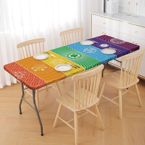 A geometric pattern windproof and dustproof tablecloth cover for dining table, picnic table, outdoor table, all-around elasticized edge
