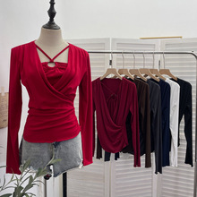 实拍 法式设计感挂脖交叉褶皱长袖T恤打底衫内搭假两件上衣女2767