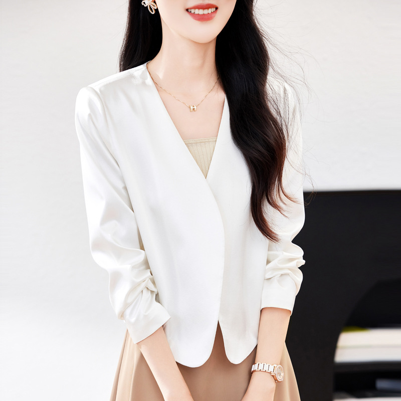 Hangzhou Heavyweight Silk Blazer for Women, 2026 New Autumn Style, Petite Elastic Satin Elegant Commuter Jacket