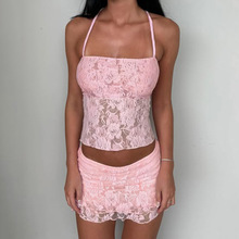 亚马逊热辣性感风蕾丝套装露背一片式绑带背心低腰蛋糕短裙女装