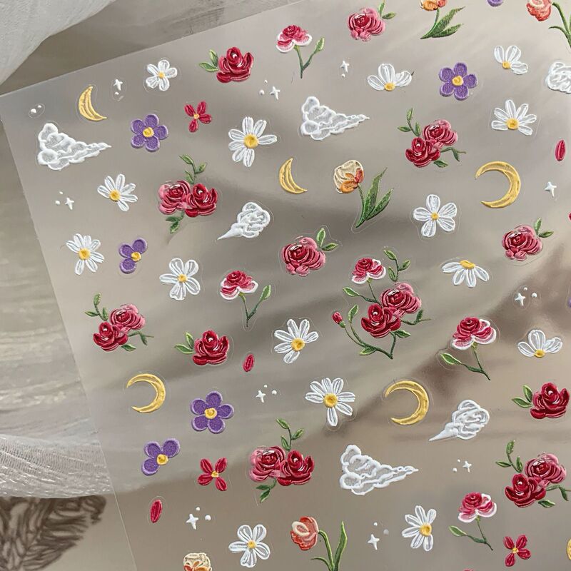 Japanese Vintage Oil Painting Rose Embossed Nail Art Sticker White Fresh Daisy Flower Stereo Nail Decal