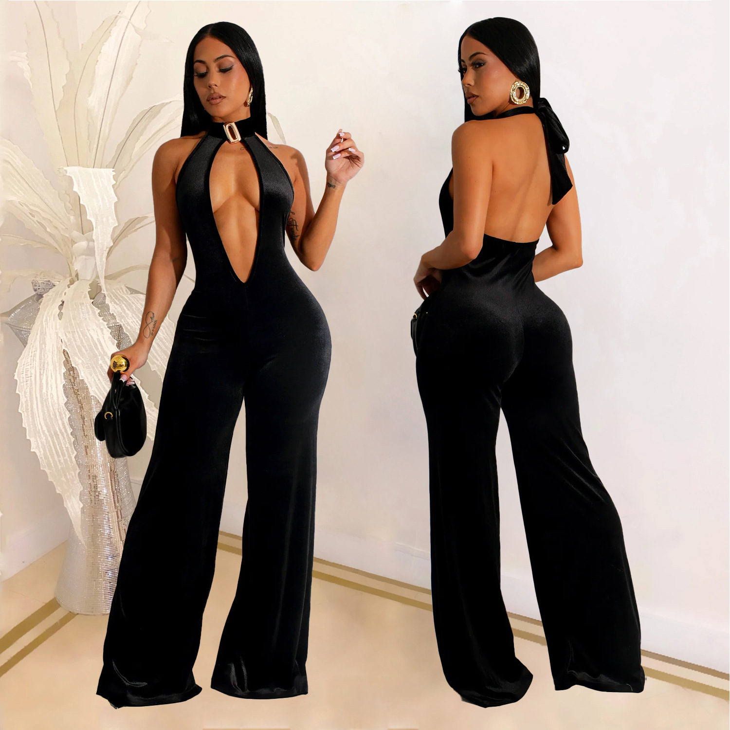 C7101 Aliexpress transfronterizo Amazon estación independiente de moda europea y americana ropa de mujer sexy profunda V gran espalda alta cintura casual