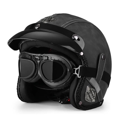 Motosiklet dəbilqələri – Certified Retro Cruise Motorcycle Helmet - m-old-gray-leather-glasses-free-hat-brim-face-towel