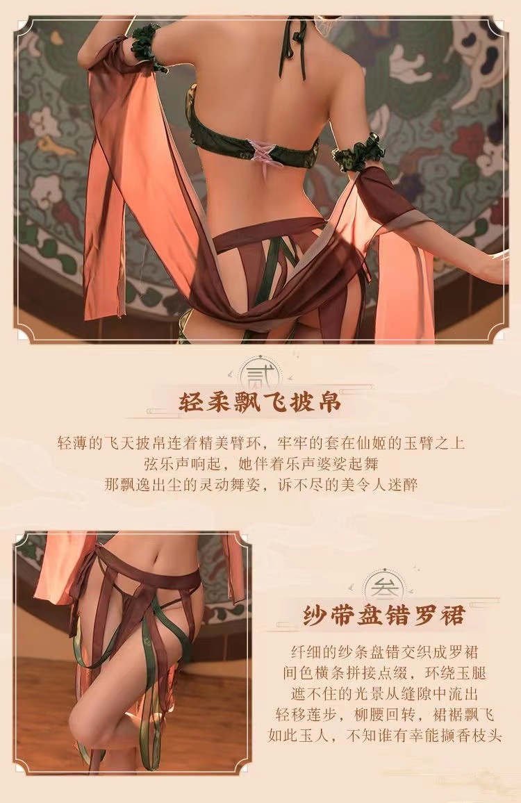 Dunhuang Apsara Hanfu Cosplay Lingerie Set, Black Mesh with Garters, Women’s Pajama Suit — detail image 6