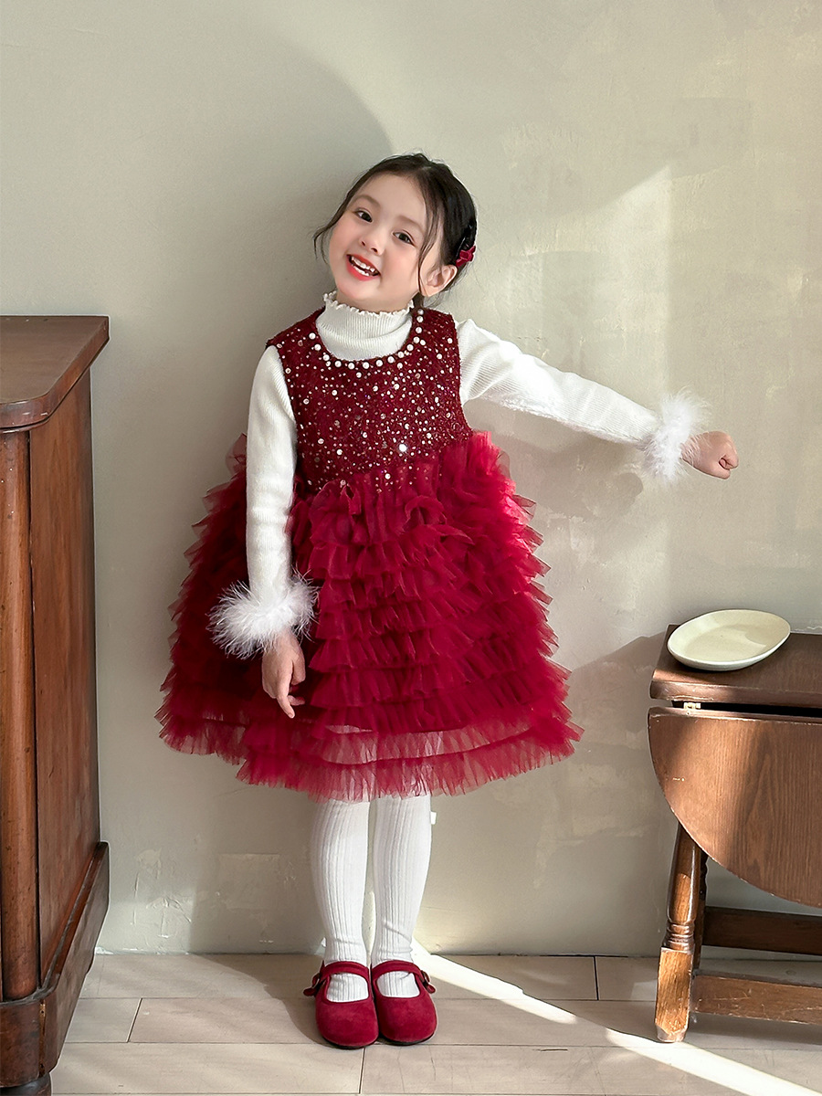 girls‘ dress 2024 new winter clothes children‘s princess dress baby dress for one year old red plus velvet skirt new year clothes
