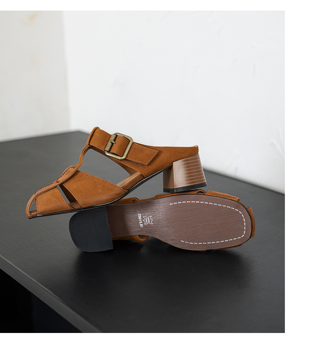 Dép sandal nữ quai dệt da cừu, đế La Mã thô, gót 4.5 cm — Màu caramel chi tiết 16