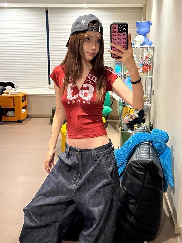 【260克人棉莫代尔】美式复古v领球衣短袖女夏季数字印花正肩t恤|undefined