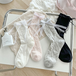 Lace Ribbon Bow Socks for Women, Summer Thin Hollow Mesh Breathable Versatile Sweet Girly Style Slouch Socks