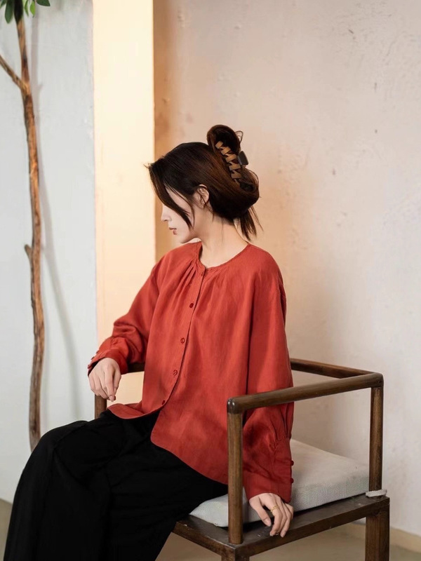 2025秋季新款女圆领日系天丝亚麻上衣宽松衬衣百搭单排扣简约小衫|undefined