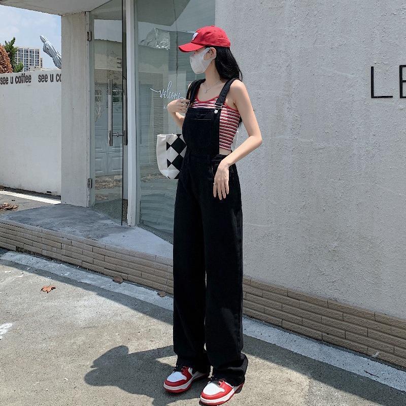 High waist spring and autumn Denim suspender pants suit women's 2023 new small wide leg loose straight one-piece trousers