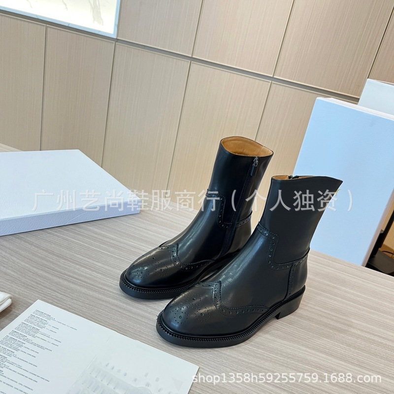 高版2025秋冬D家新款真皮圆头复古雕花平底侧拉链高筒骑士靴长靴|undefined