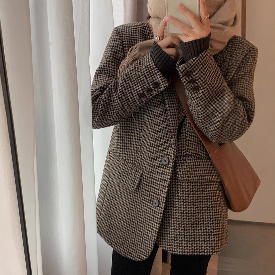 2025秋冬新款韩版宽松羊毛呢子大衣咖色千鸟格子毛呢西装外套女