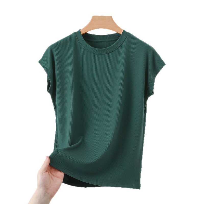 Modal manga corta máscara de hilo blanco camiseta elástica de verano de las mujeres cuello redondo 2022 nueva camisa de fondo suelta superior