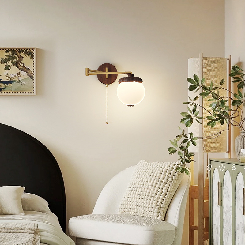 Lámpara de pared móvil con balancín de cabecera de viento de mediana antigüedad, caqui creativo, grano de madera de durazno, sala de estar retro, dormitorio, iluminación de pared de fondo