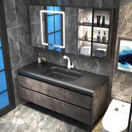 意式极简黑洗手盆浴室柜组合卫生间洗脸池卫浴智能镜柜吊柜法式风
