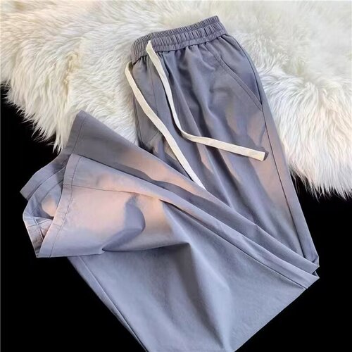 Summer thin ice silk air conditioning pants for men, Korean style trendy solid color casual straight leg wide leg sports pants