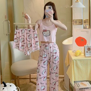 New European and American Cross-border Women's Pajamas Sling Three-piece Set Amazon Foreign Trade Southeast Asia Summer Home Clothes pajamas