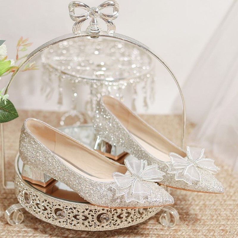 Thick-Heeled Wedding Shoes, Flat Bridal Shoes, Wedding Dress, Wedding Crystal Shoes, Medium-Heeled Pregnant Women's Comfortable and Non-Tiring High-Heeled Shoes