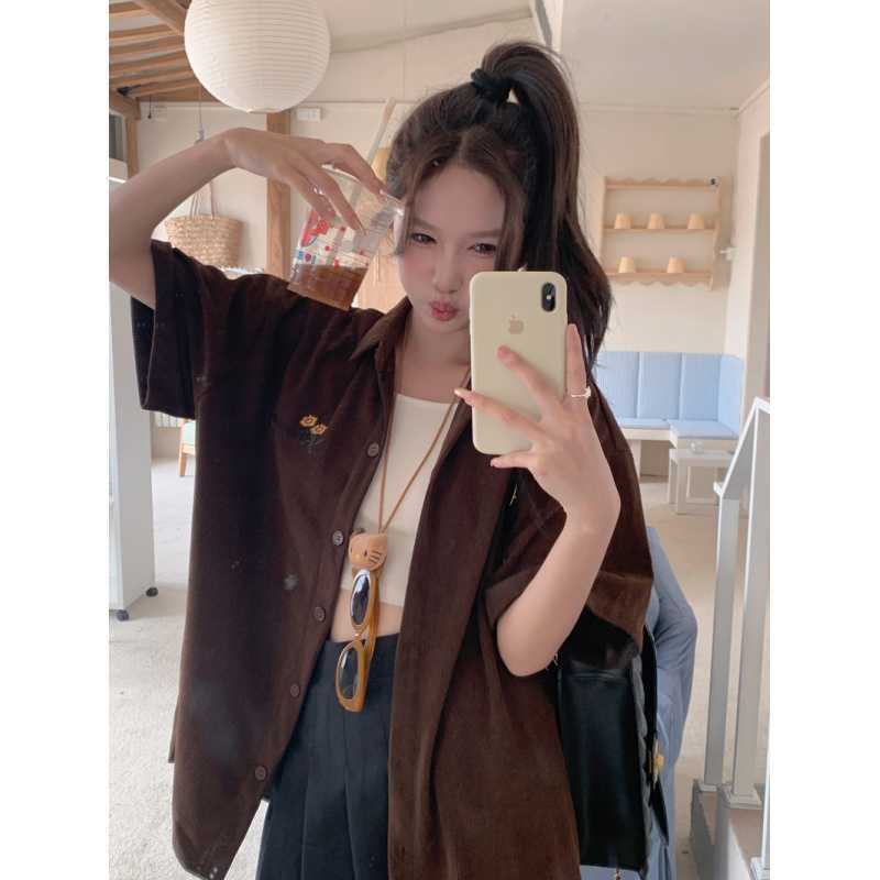 American Retro Style Small Floral Embroidery Corduroy Shirt for Women, Summer Versatile Loose Short-Sleeve Polo Collar Top