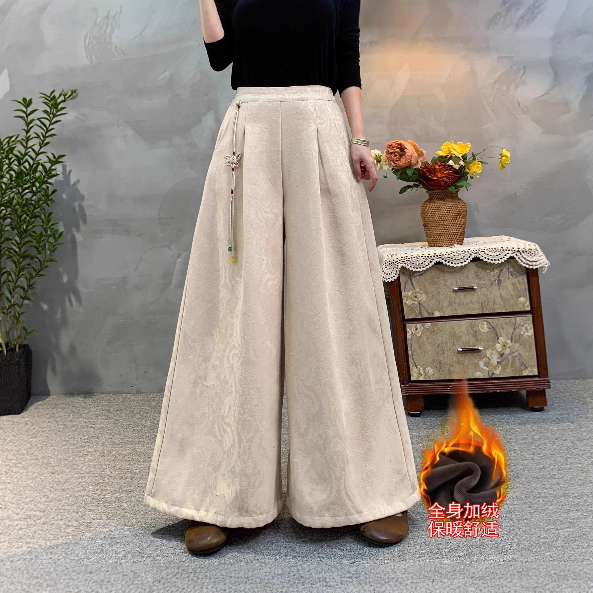 国风棉麻加绒阔腿裤女2025冬季新款提花高腰抓绒长裤垂感加厚裙裤