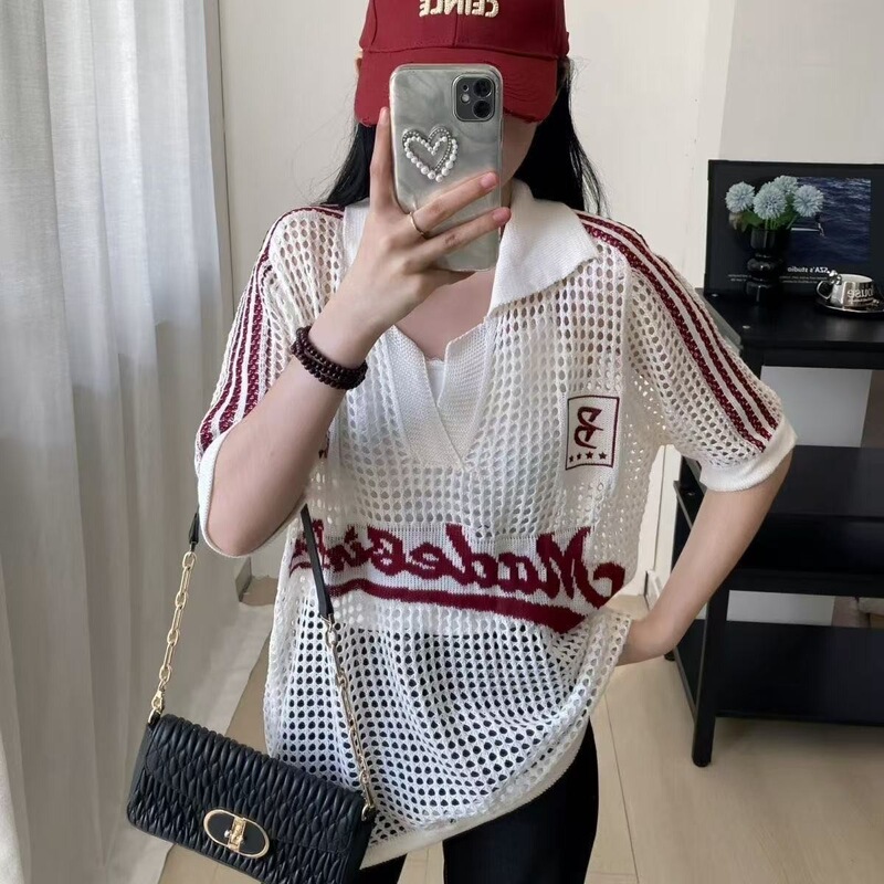 American-Style Polo Collar Hollow-Out Knit Short-Sleeve Women's 2025 New Summer Retro Sports Academy Style Loose Top Trendy American-Style Polo Collar Hollow-Out Knit Short-Sleeve Women's 2025 New Summer Retro Sports Academy Style Loose Top Trendy