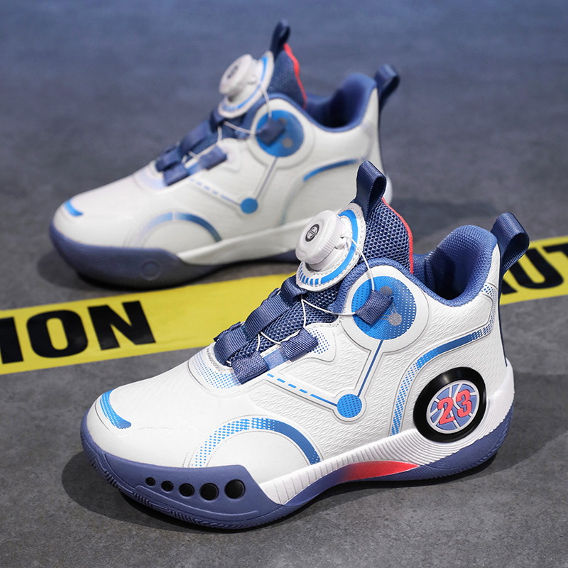 Zapatos de baloncesto para niños primavera y otoño 2024 zapatos de entrenamiento de combate para niños grandes zapatos de carrera de botón giratorio antideslizante