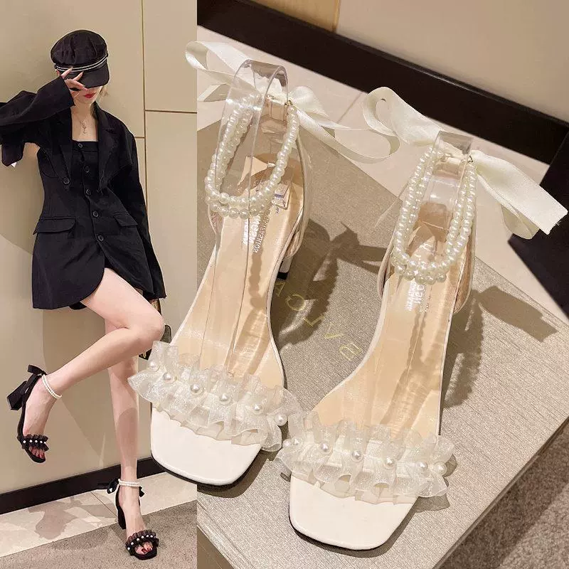 Фея нишевые французские сандалии с жемчужными ремешками на каблуках женские толстые каблуки 2024 весной прозрачные с хрустальными каблуками
