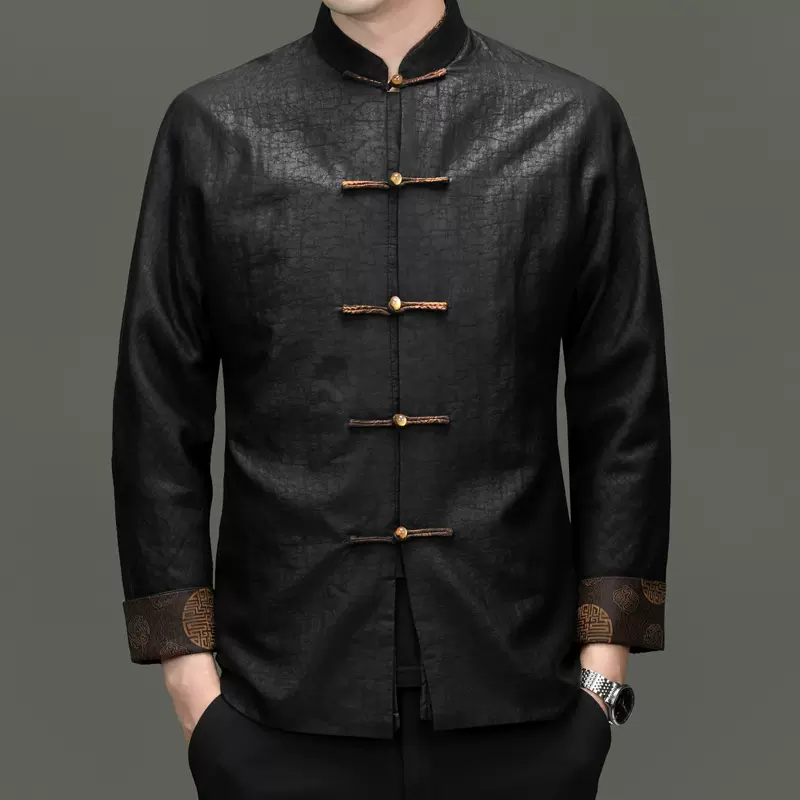 冬装外套长袖中式盘扣龟裂纹香云纱真丝唐装男士可脱卸桑蚕丝内胆