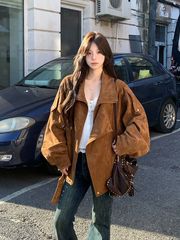 麂皮绒机车外套2025秋季复古美拉德休闲宽松慵懒翻领廓形感夹克女