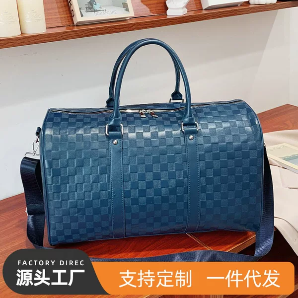 European and American Fashion Plaid Embossed Short-Distance Travel Bag Portable Large-Capacity Outing Luggage Bag Soft Leather Sports Fitness Bag