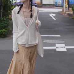 在庫あり 生姜色 和紙風透かし編みエッジ エアコンニットカーディガン 2025年夏新作トップス