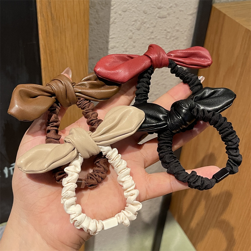 South Korea Dongdaemun Xiaoxiang Style Patent Leather Bow Hair Rope Cute Leather Cover Rabbit Ear Small Intestinal Circle Girl Heart Rubber Band