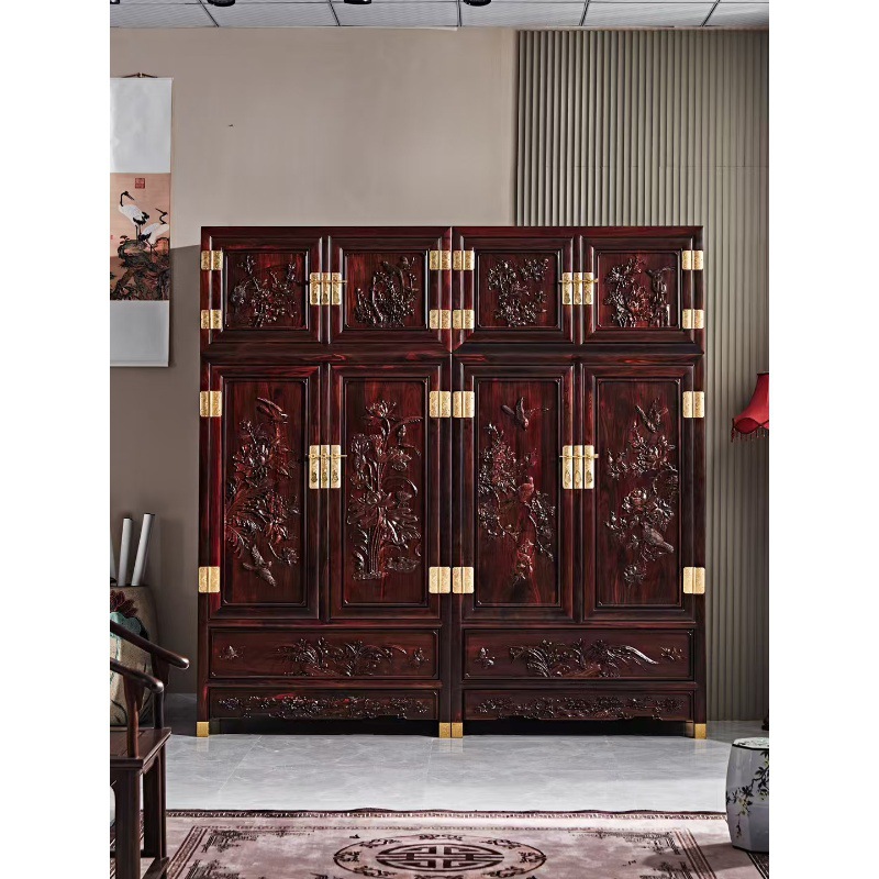 Laos Red Rosewood Cochin Rosewood Silk Feather Sandalwood Carved Flower Bird Top Chest Cabinet Wardrobe