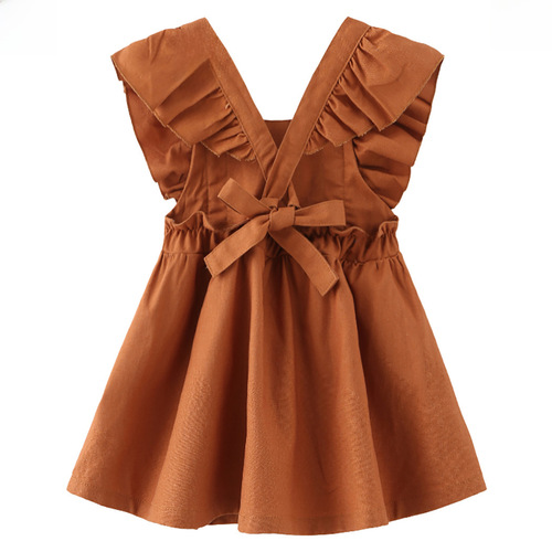 Girls' Beach Dress Baby Dress Cotton Linen Solid Color Children's Skirt Bowknot Princess Dress Puffy Skirt European and American Children