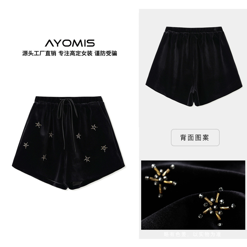 National Style Fashionable High-Waisted Shorts for Women 2026 Autumn New Chinese Style Beaded Velvet High-End Pants N8032