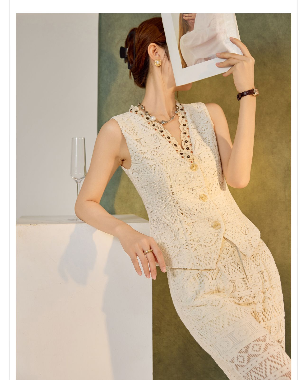 Bộ vest quần dài nữ cổ chữ V khoét lỗ phong cách retro cao cấp mùa hè 2026 — Quần dài, Vest [có dây ruy băng] chi tiết 13