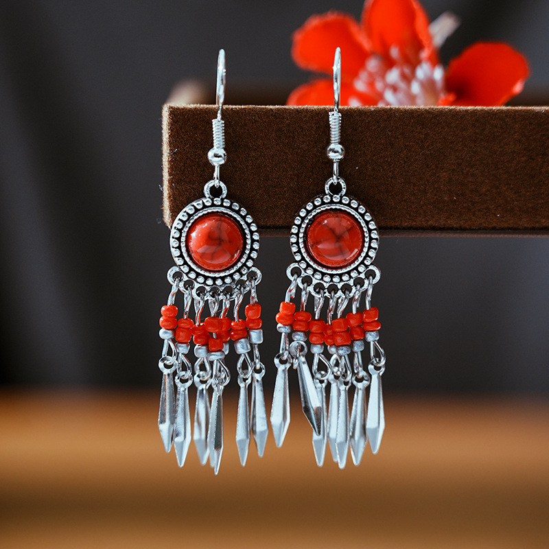 1 Pair Ethnic Style Color Block Inlay Alloy Turquoise Drop Earrings display picture 5