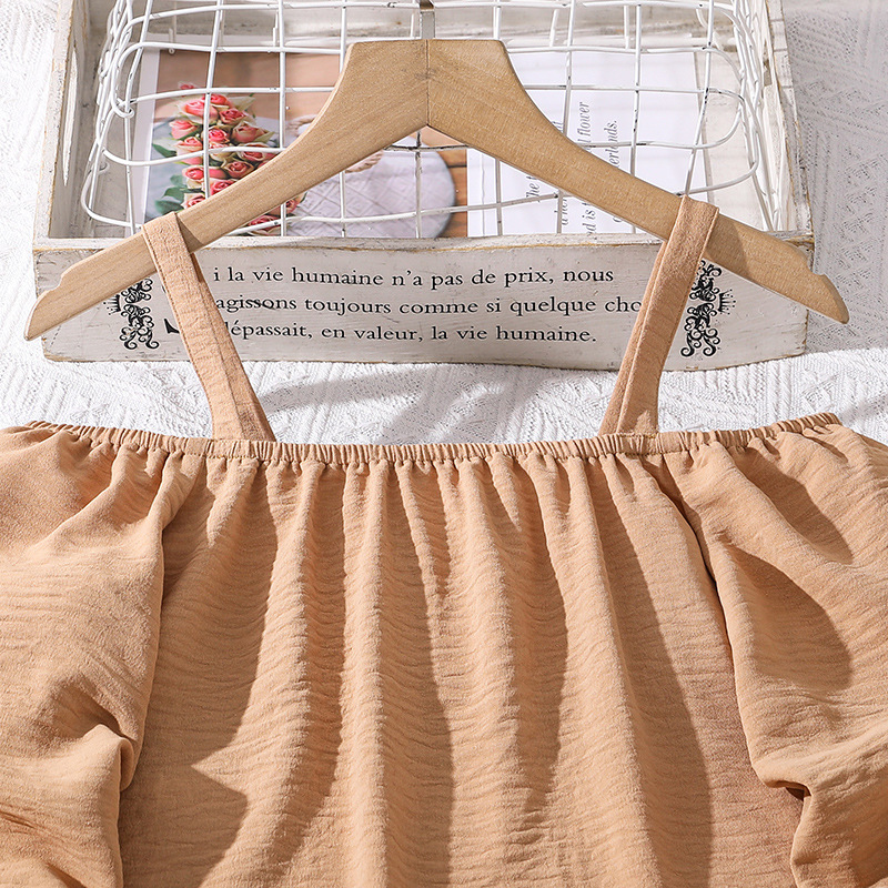 Artículo nuevo de otoño 2024 para niñas de 6 a 12 años, ropa para niños, conjunto de top de manga larga con tirantes y hombros descubiertos_voghion.com