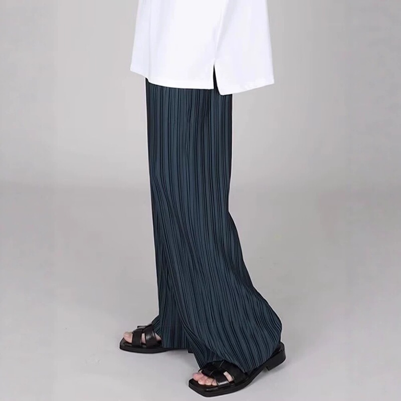 Ice silk pleated striped relaxed casual pants for men, Korean style high-end straight drapey wide-leg floor-length trousers