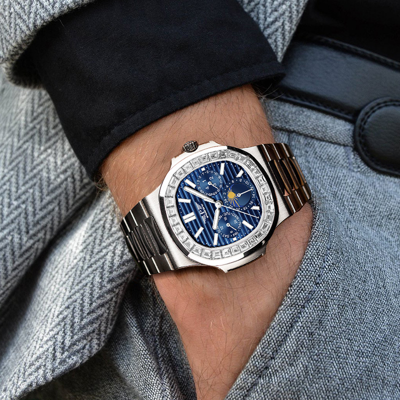 Đồng hồ nam Nautilus đa chức năng mặt số vuông màu xanh kim cương — 6502 sáu kim mặt xanh với kim cương