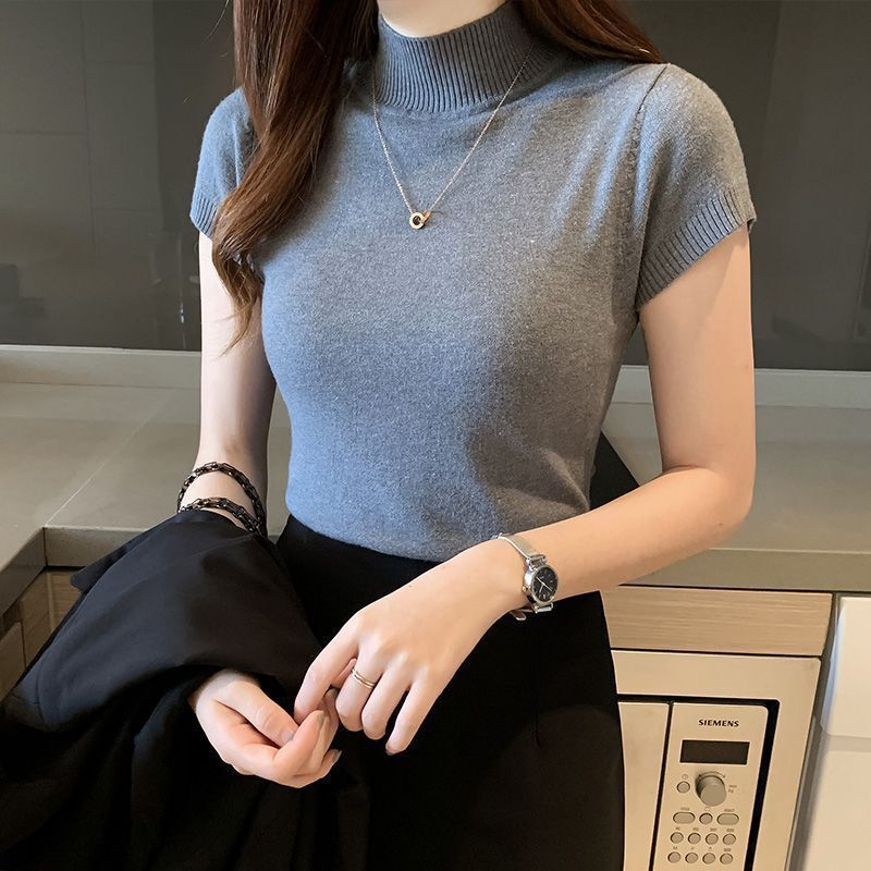 卸売トップス夏の女性の薄いハーフタートルネックボトリングシャツレディース Tシャツ半袖ドーパミンニットセーター夏薄い|undefined
