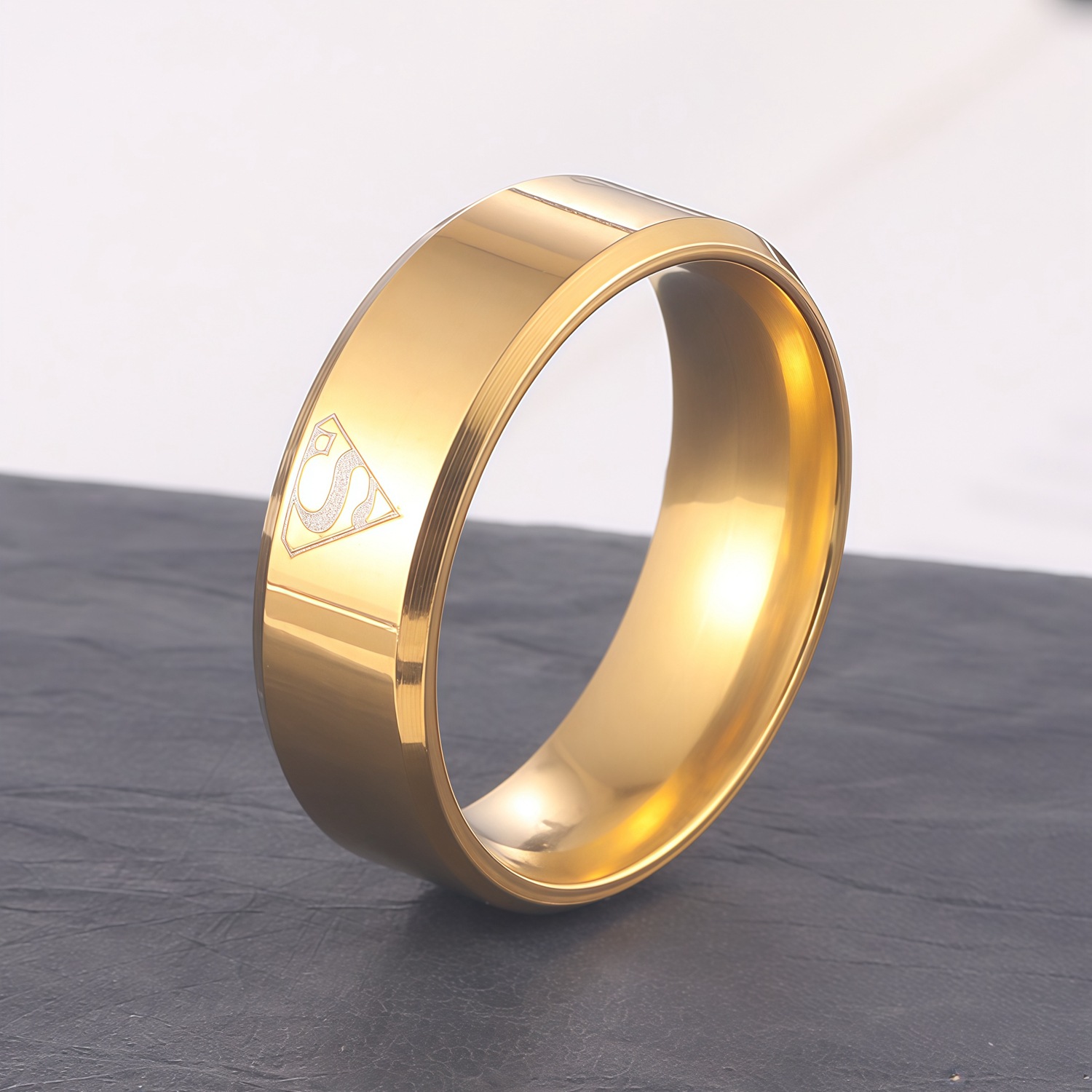 European and American Fashion Superman Titanium Steel Ring Trendy Men's Laser Bat Triangle S Ring Women's Cross-Border Hot Selling Animation Jewelry