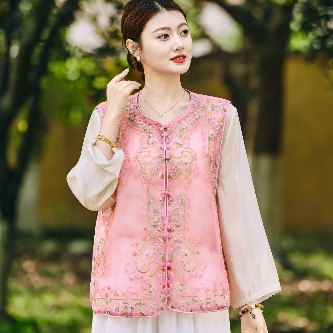 New Chinese Style Organza Heavy Embroidery Round Neck Vest for Women 2025 Summer New Ethnic Style Retro Vest